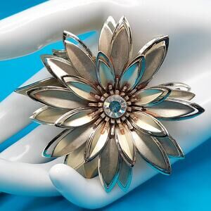 Vintage Gold Tone Flower Brooch, AB Rhinestone, 1960s, 2 3/8 Inch